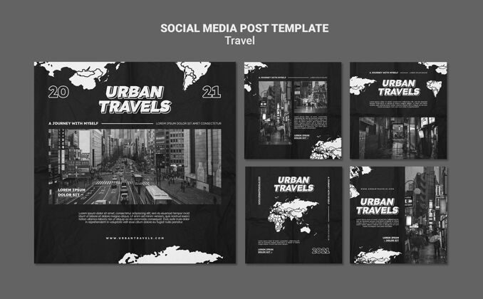 设置都市旅行社交媒体帖子模板设计地图社会媒体社会媒体帖子