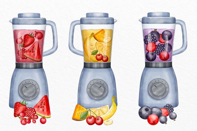 健康手绘水彩画果汁在搅拌机玻璃插图健康饮料冰沙手绘