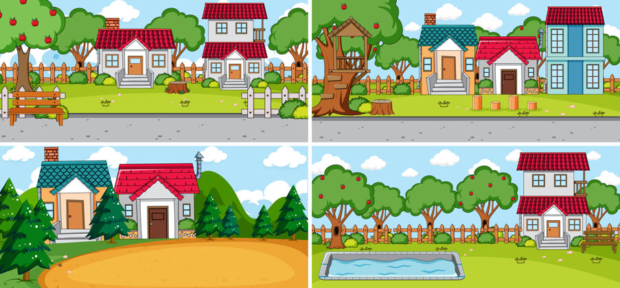 地点设置不同的自然场景卡通风格的房子剪辑素描房子