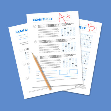 检查表用铅笔写的真实的试卷和一堆带分数和正确答案的学生文书考试大学问卷