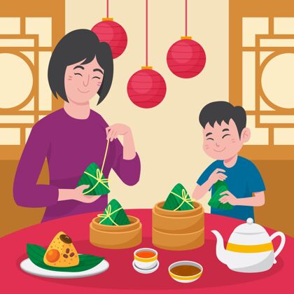 中国有机扁舟一家准备吃粽子插画龙舟赛家庭吃粽子平面