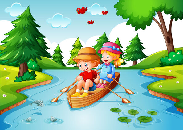 春天孩子们在小溪森林里划船天气树新鲜