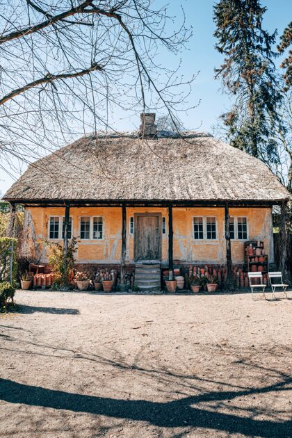 建筑在阳光明媚的一天拍摄的一个美丽的村庄房子在树林中的垂直镜头门外部花园