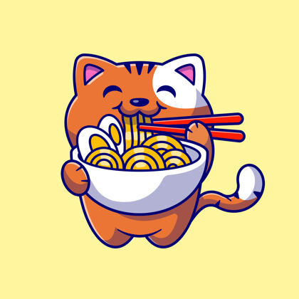 尾巴可爱的猫用筷子吃拉面卡通图标插图动物食品图标概念孤立平面卡通风格快乐蓬松食肉动物