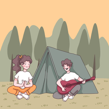 背包年轻夫妇喜欢野营 男人和女友在森林公园的帐篷前弹吉他 卡通人物画风格的平面插图卡通山生存