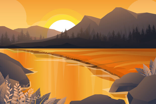 温暖山 河 林等自然景观的最佳场景 晚霞暖色调插图太阳丛林旅程