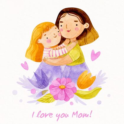 父母手绘水彩画母亲节插画庆祝女人手绘
