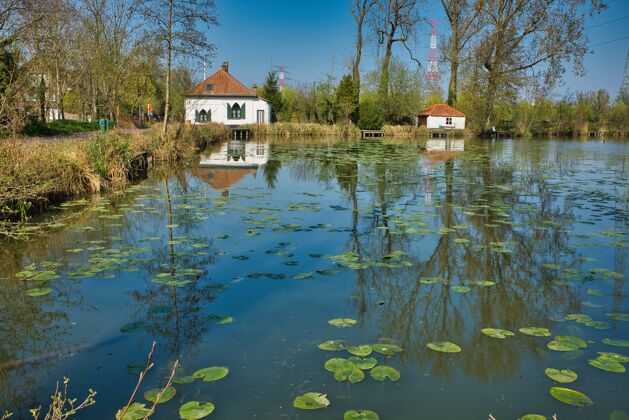 景色一条河的美丽照片 背景是白天的小房子风景乡村天空