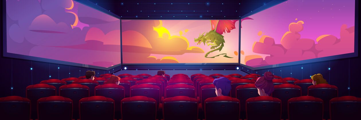 表演电影院大厅 人们在三面全景屏幕上观看电影苍蝇观看舞台