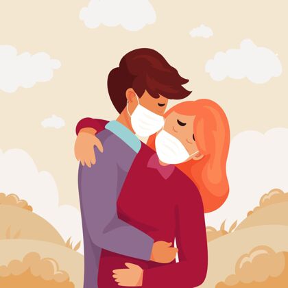 人平面情侣亲吻与covid面具插图个人人夫妻