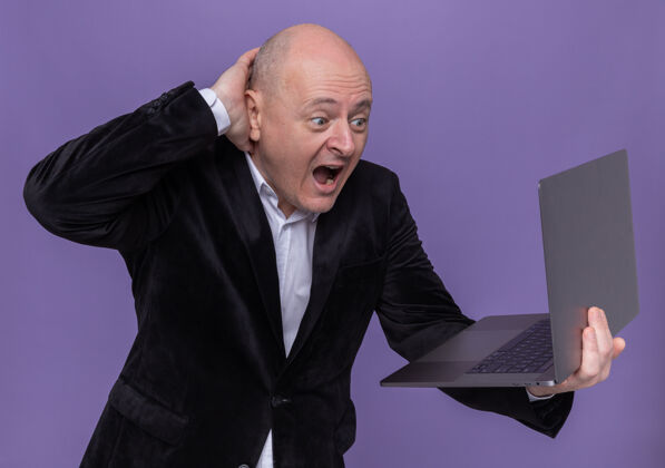 拿着中年光头西装革履拿着笔记本电脑看着屏幕尖叫着站在紫色的墙上困惑和兴奋兴奋站着西装