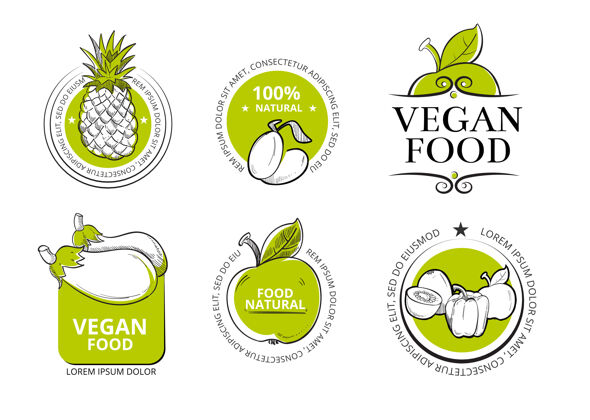素食生物生态健康有机产品徽章和标志形状健康蔬菜