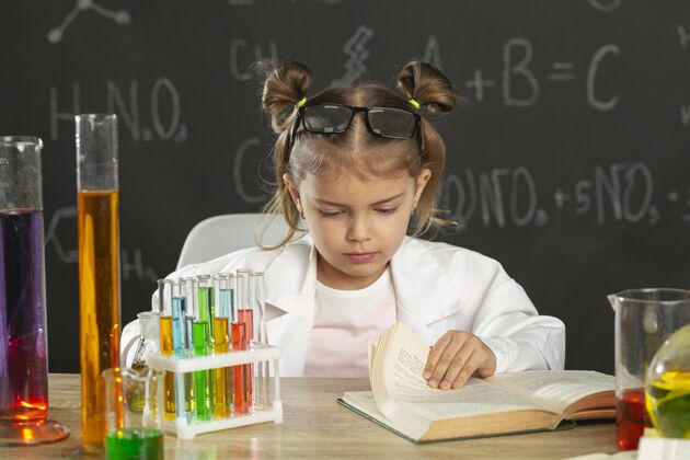 科学在实验室做测试的女孩女孩黑板防护眼镜