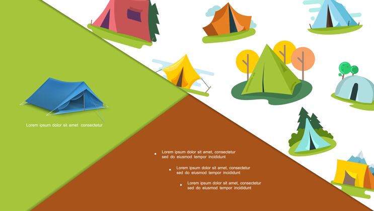 帐篷多彩的旅游帐篷组成不同的树木在白色的平面风格文字草野营