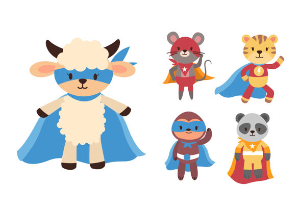 卡片可爱的动物卡通与超级英雄吉祥物字符集合宠物老虎素描