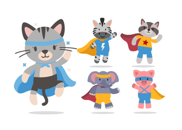 浣熊可爱的动物卡通与超级英雄人物集合包宠物画手