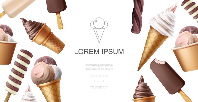 美味现实美味冰淇淋模板冰棒巧克力香草奶油和釉面冰淇淋勺不同口味背景釉演示