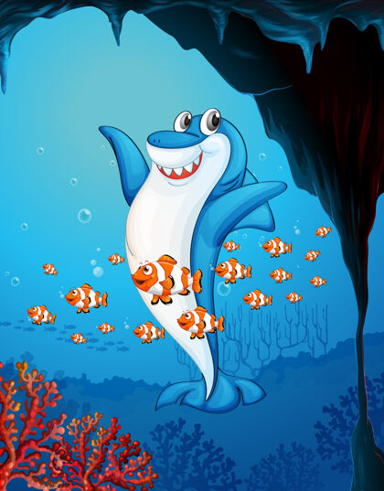 风景许多鲨鱼卡通人物在水下的背景大卡通多彩