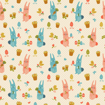 事件有质感的复活节快乐无缝图案 用柔和的颜色与兔子 鸡蛋 胡萝卜和小鸡涂鸦传统小鸡准备打印