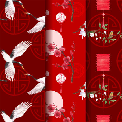 中国新年图案模板与欢乐春节概念设计水彩插画开花中国市场营销