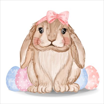 庆祝粉色和蓝色蛋的水彩画兔子贺卡兔子美丽
