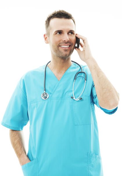 工作帅哥外科医生在讲手机保健医学医疗职业职业
