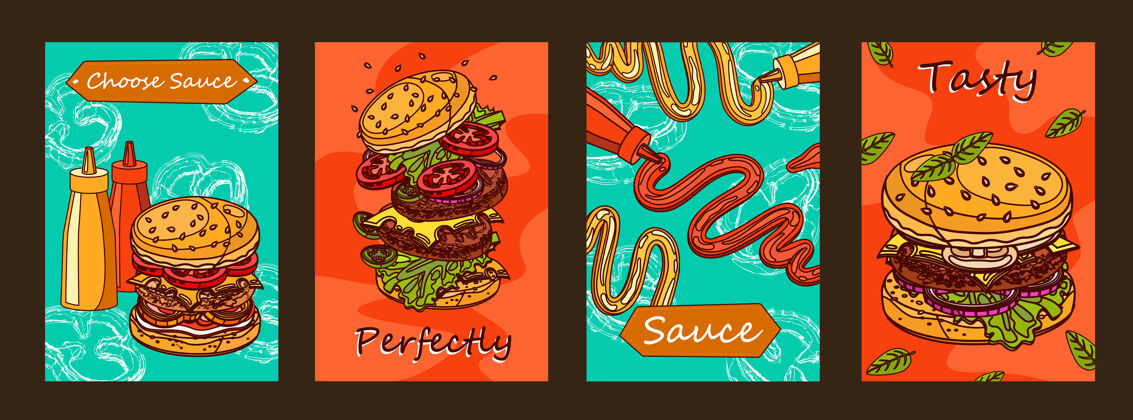 番茄五颜六色的海报设计与汉堡和酱汁奶酪不健康垃圾