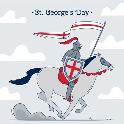 盔甲手绘圣乔治日插图 骑士骑在马上 手持旗帜和长矛观察马手绘