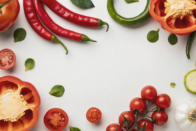 健康甜椒与番茄和辣椒的顶视图美食养生甜椒