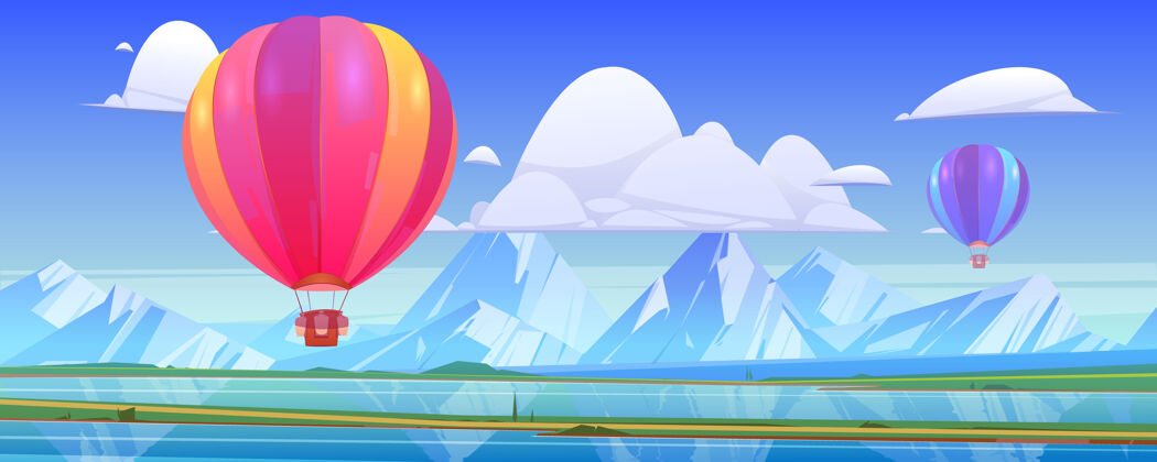 空气热气球在山谷里的湖光山色和绿色草地上飞翔雪高峰旅行