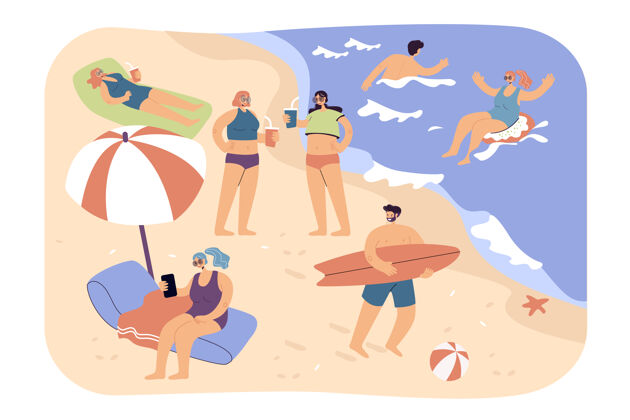 放松人们在沙滩上享受各种夏日活动 游泳 冲浪 坐在伞下游客在海上放松男人卡通太阳