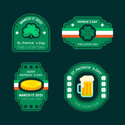 绿色圣帕特里克节平面设计标签套装凯尔特人爱尔兰文化