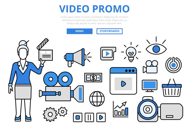 网站视频宣传数字营销推广技术概念平面线艺术图标打印推广设置