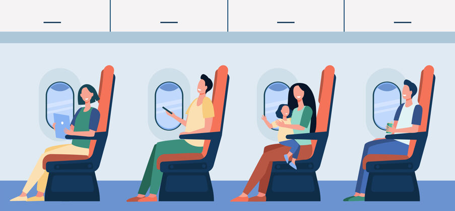 小工具快乐的飞机乘客坐在他们的座位上 使用小玩意 抱着孩子在大腿上 喝着手杖座位手机航空公司