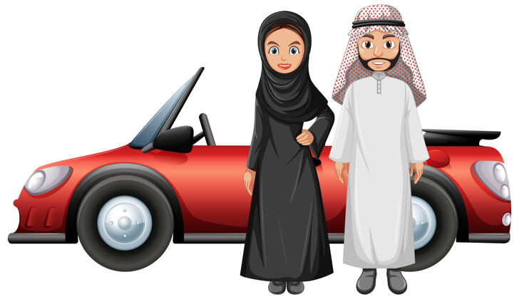 阿拉伯阿拉伯夫妇在车前衣服传统