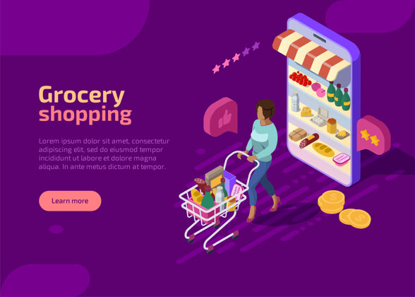 市场杂货店购物等轴测登陆页 紫色网页横幅概念食物技术电子商务