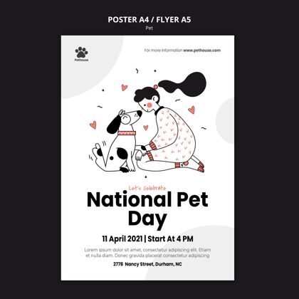 印刷模板垂直海报为全国宠物日与女主人和宠物模板女人传单