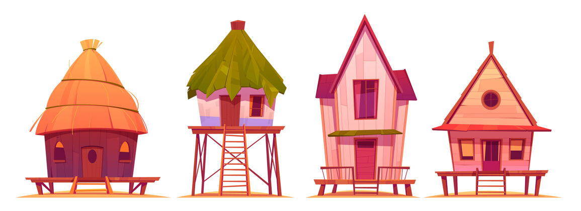 稻草夏日的高跷屋 海边的平房与世隔绝小屋卡通小