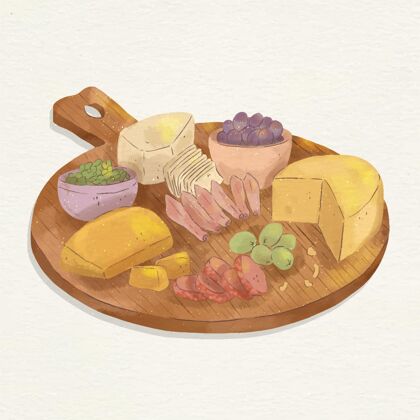 水彩画水彩画奶酪板插图与伴奏砧板小吃奶酪