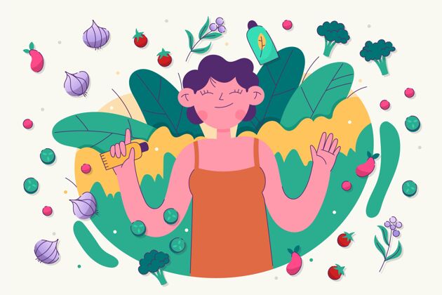 插图手持素食产品的手绘女人生态测试素食