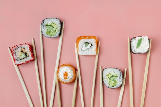 传统俯瞰传统日本寿司品种组成食物膳食