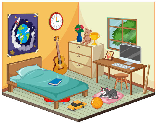 儿童儿童卧室部分卡通场景吉他电脑桌子
