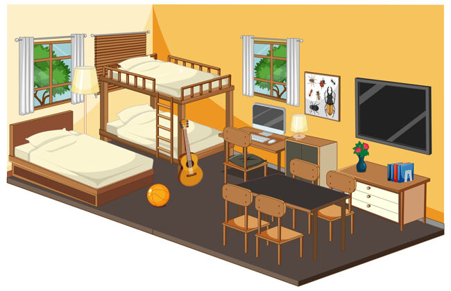 墙卧室内部有黄色主题的家具显示器吉他彩色