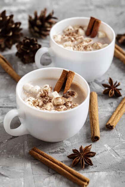 热巧克力高角度的热巧克力概念季节高角棉花糖