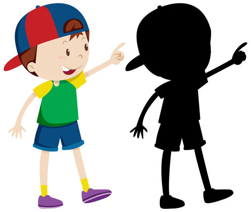 卡通可爱的男孩戴着彩色帽子和剪影系列集合黑暗