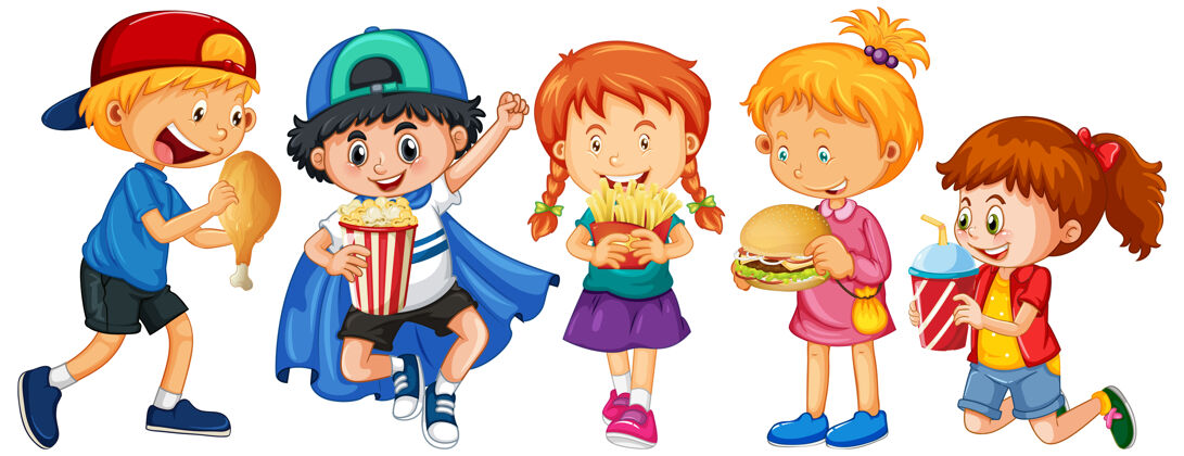 不健康白色背景上的一群幼儿卡通人物食物微笑卡通