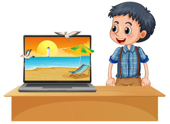 海洋电脑桌面上的夏日场景男孩电脑海滩