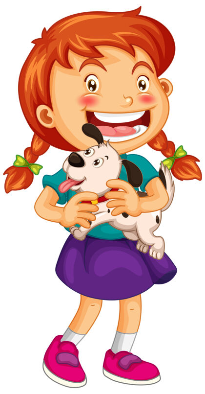 卡通抱着小狗的快乐女孩家庭小狗动物