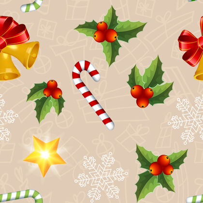 降雪圣诞无缝图案与彩色槲寄生树叶糖果星星和铃铛节日传统夏娃