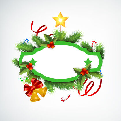 糖果现实的圣诞花环与空白框架冷杉枝丝带糖果叮当铃铛和星星现实框架欢乐